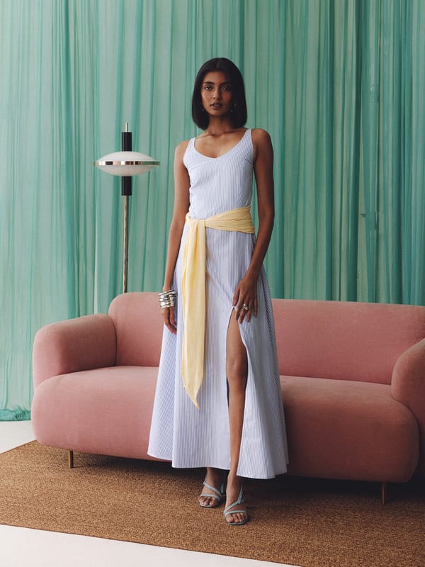 Blue Pinstripe Satin Maxi Dress with Side Slit — OSE STUDIO