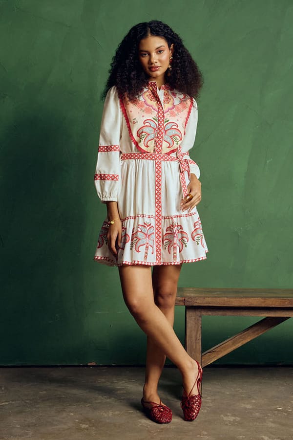 Ivory Printed Tiered Mini Dress with Belt — Sttavoss