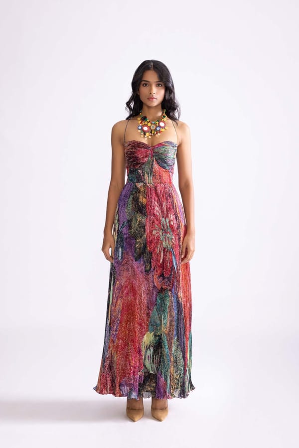 Multicolour Daisy Print Micro-Pleated Chiffon Maxi Dress — Saaksha and Kinni