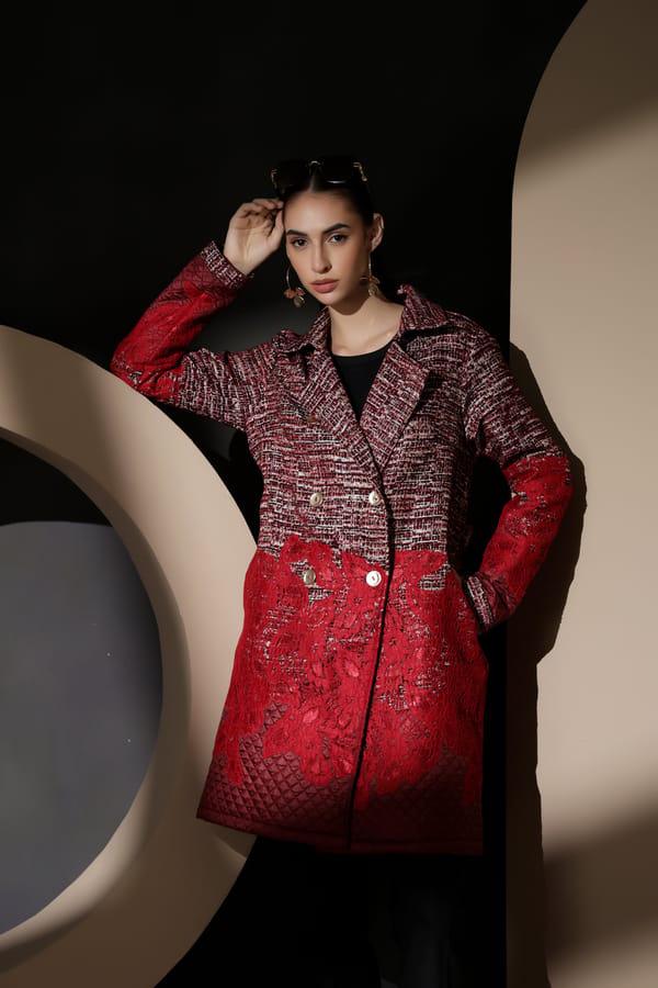 Burgundy Lace Cutwork Longline Jacket with Belt — Rhe-Ana