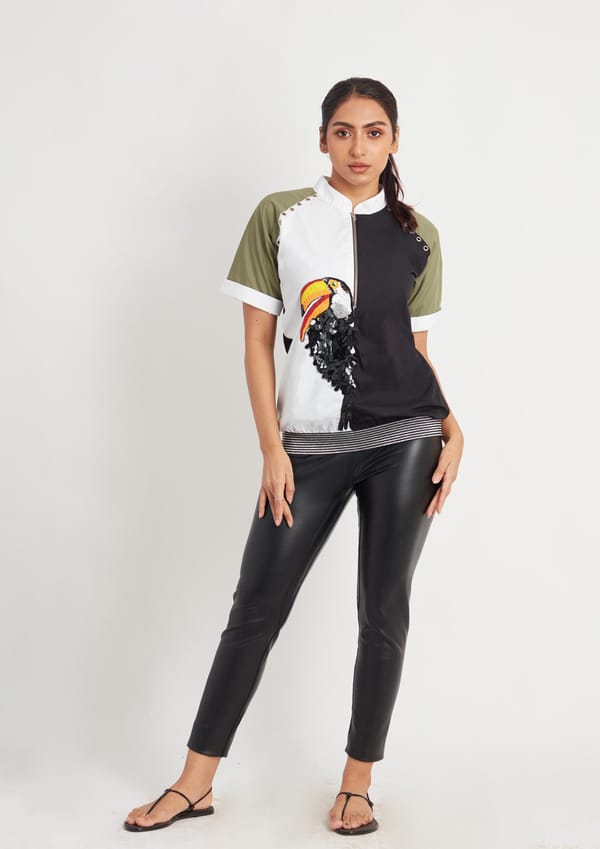 Olive, White and Black Combo Bomber Top with Embroidery — Richa Goenka