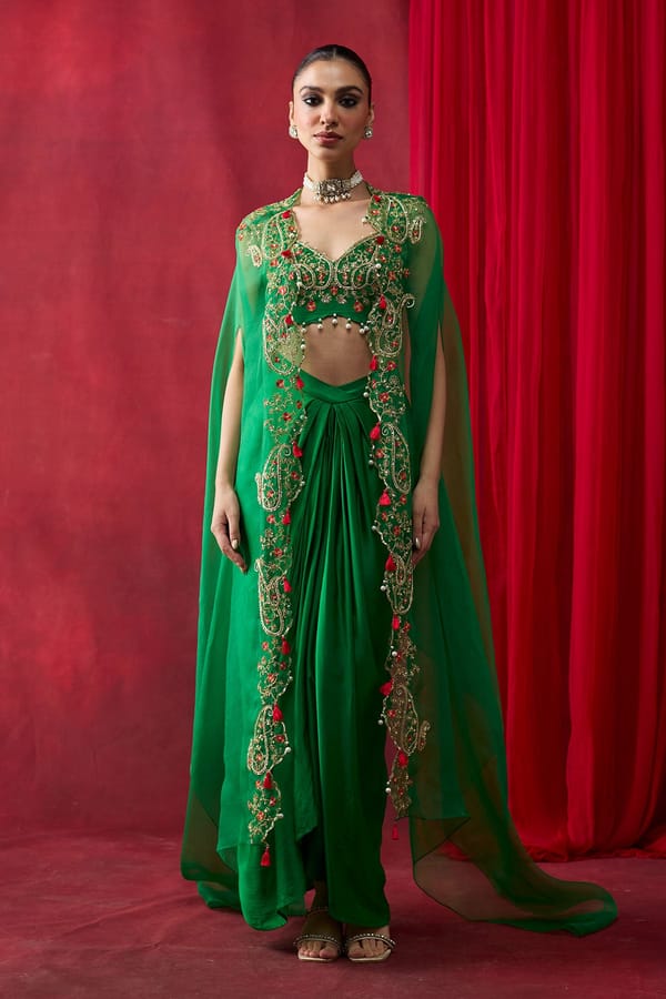 Green Embroidered Cape Co-ord Set with Draped Maxi Skirt — Shikha Mehta