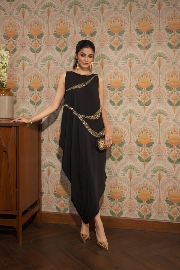 Black Cowl Neck Draped Maxi Dress with Sequin Trim — Eko Clothing