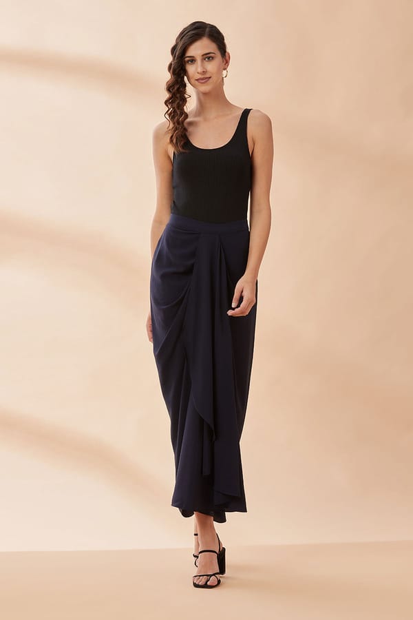 Navy Blue Moss Crepe Cascade Drape Maxi Skirt — Aakaar