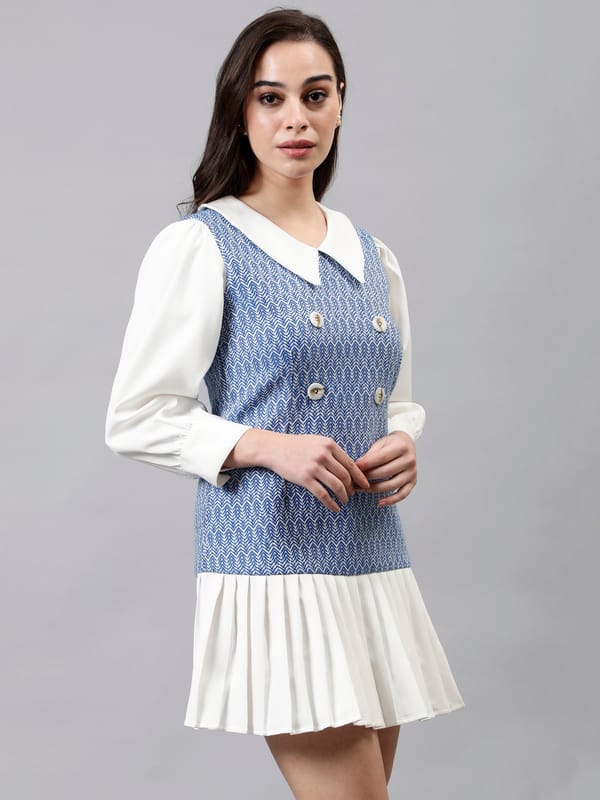 White and Blue Tweed Mini Dress with Contrast Collar — Younglings