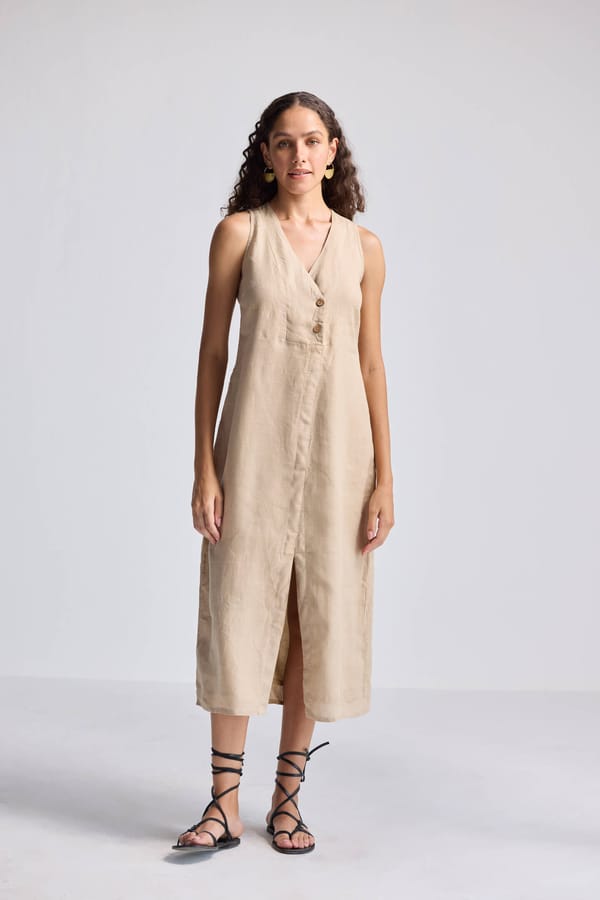 Straight Dress with Front Slit in Beige Hemp — REISTOR