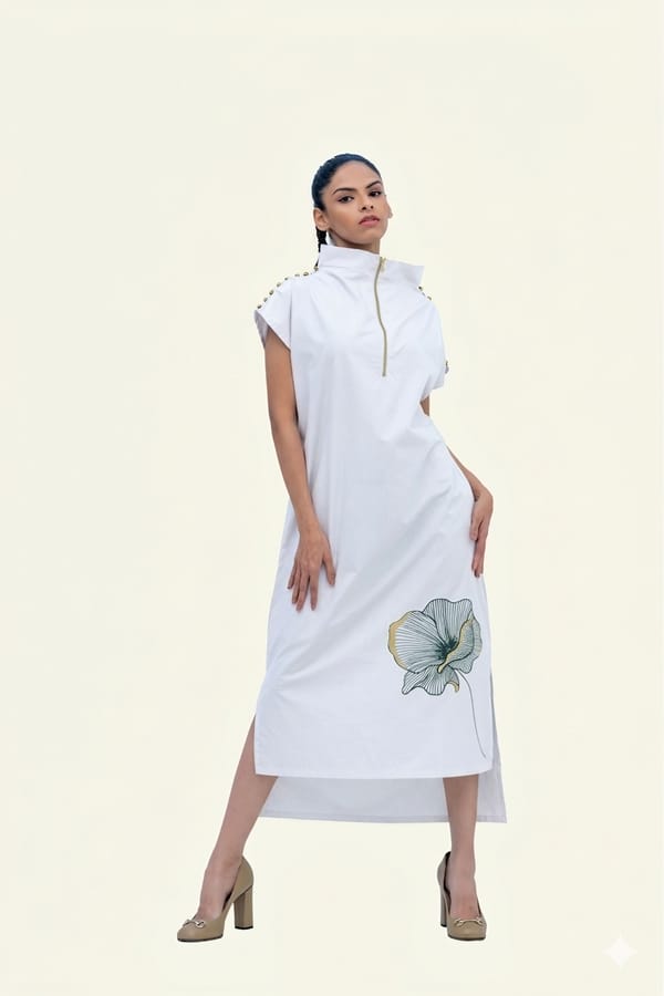 White Cotton Midi Dress with Print — Richa Goenka