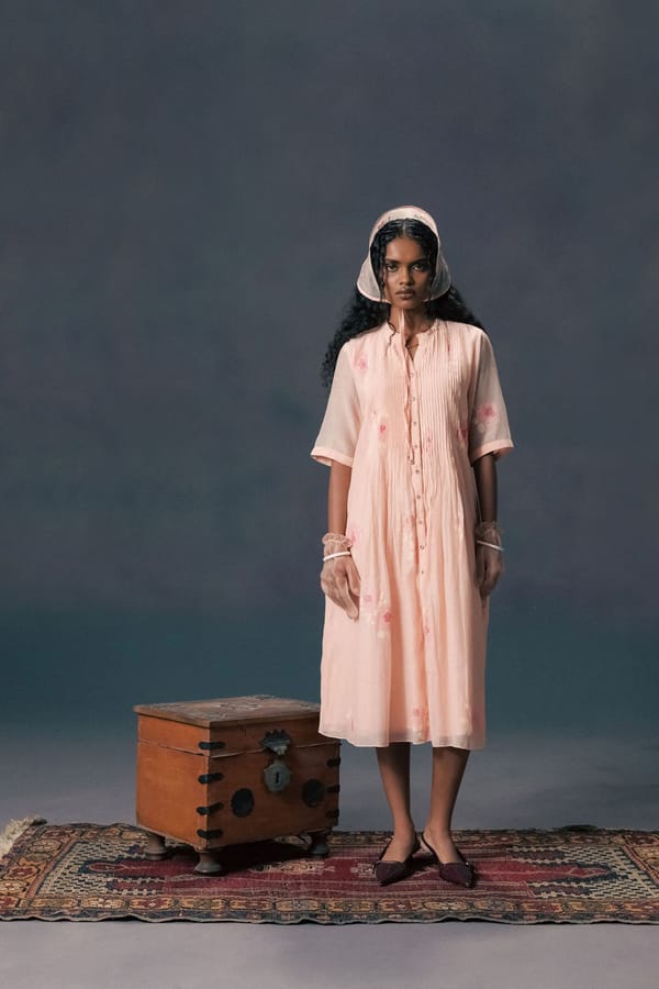 Old Rose Front Pleated Dress In With Screen Print — Arcvsh Pallavi Singh