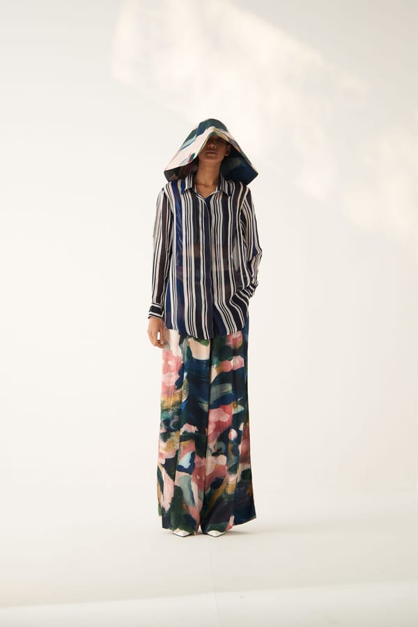 Navy and White Striped Organza Anti-Fit Longline Shirt — Ofrida