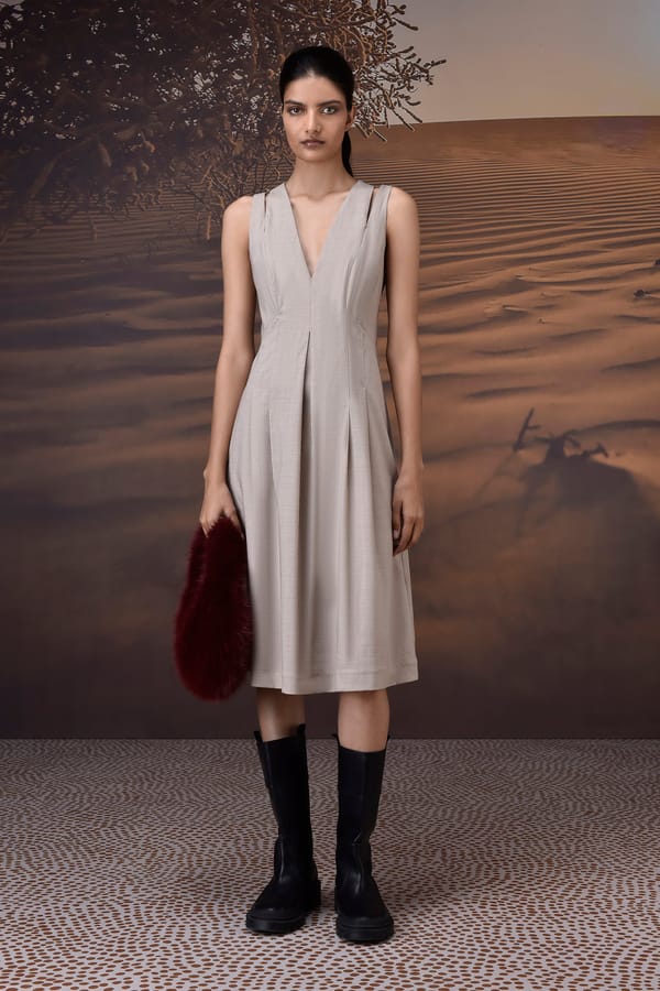 Warm Beige Poly-Wool Fit and Flare Midi Dress — Genes Lecoanet Hemant