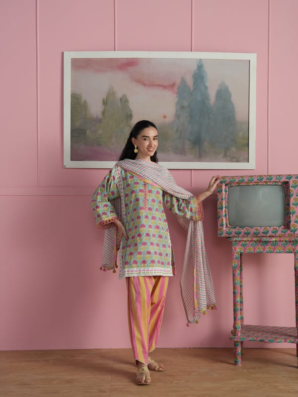 MARIGOLD SHORT EASY FIT KURTA WITH STRIPED SALWAR AND DUPATTA — TASHA INDIA