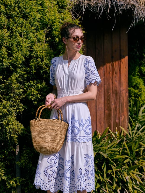 White and Blue Cutwork Tiered Cotton Midi Dress — Style Island