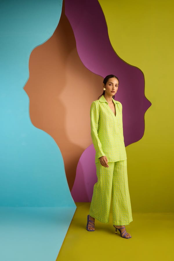 Green Printed High-Waist Flared Linen Trousers — CUIN