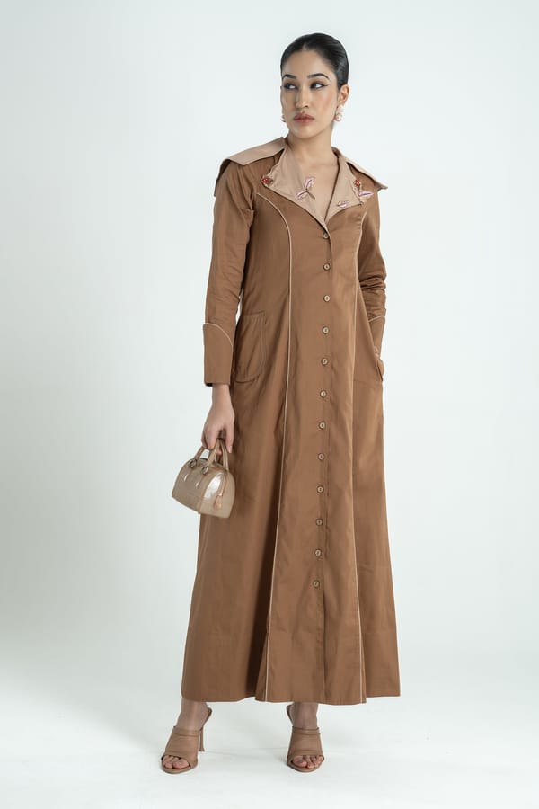 Tan Cotton Twill Trench-Style Maxi Dress with Embroidery — Our Love