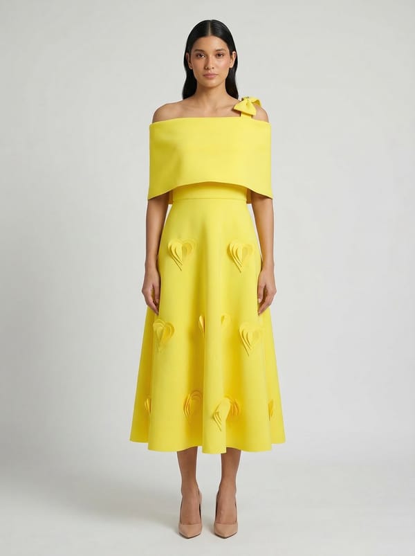 Yellow Off-Shoulder Cape Overlay Fit and Flare Midi Dress — OZEQO