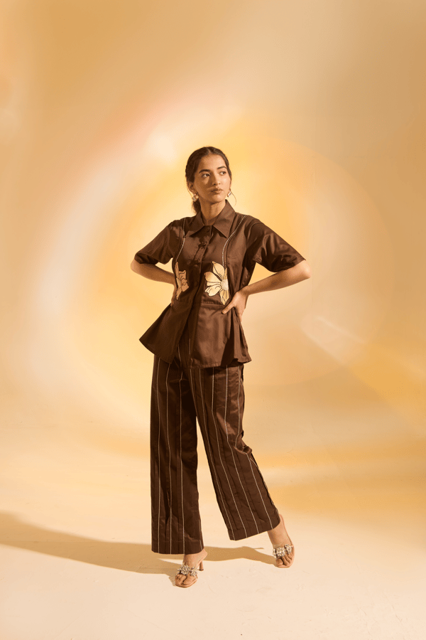 Brown Cotton Satin Embroidered Shirt and Pants Co-ord Set — An'era by Asmita Verma