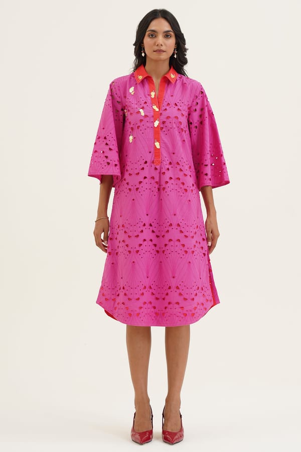 Hot Pink Schiffli Cutwork Midi Shirt Dress — STITCH STORIES
