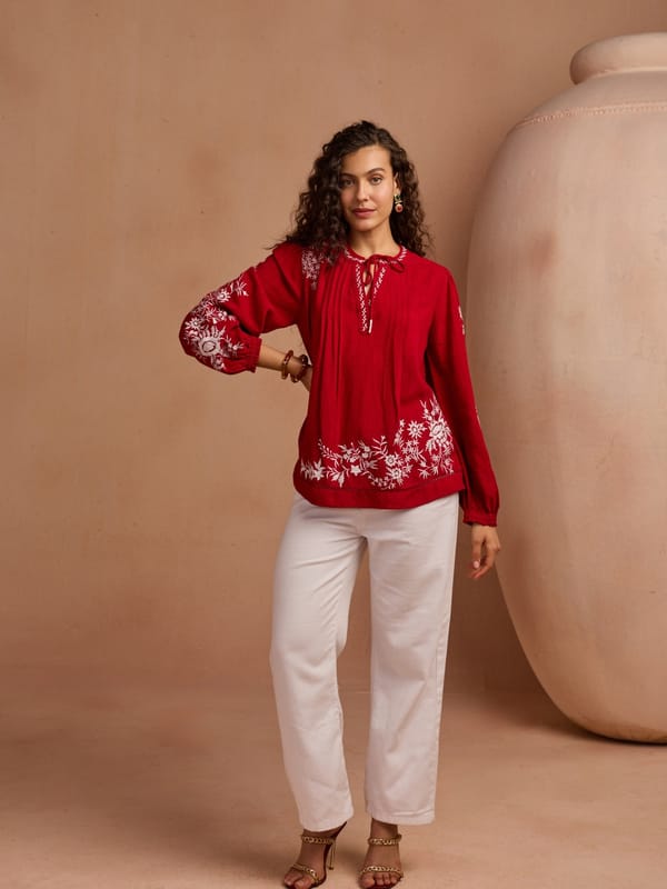 Red Embroidered Tie-Up Neck Full Sleeve Top — Style Island