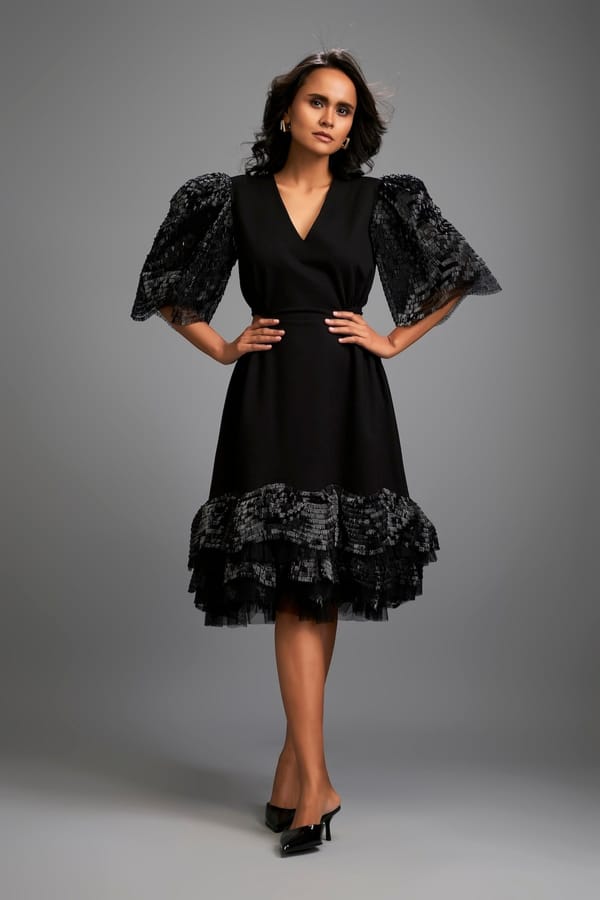 Black Midi Dress Shimmer Sleeves & Tiered Skirt — Deepika Arora