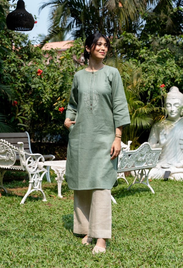 Moss Green Linen Straight Kurta Set with Embroidered Placket — SIARA WOMEN