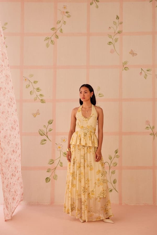 Butter Yellow Floral Print Chiffon Midi Skirt — Sage by Mala