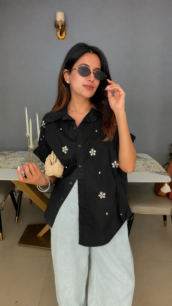 Embellished Ruched Sleeve Statement Shirt — CLOSET AFFAIR