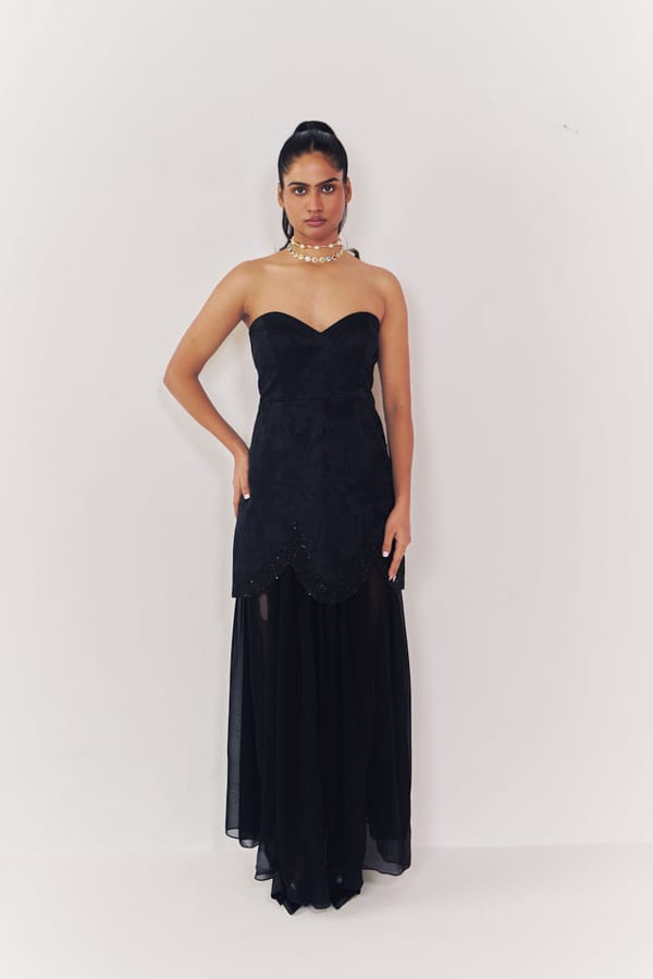 Midnight Jacquard Strapless Dress With Sheer Skirt — HOUSE OF HEATHER