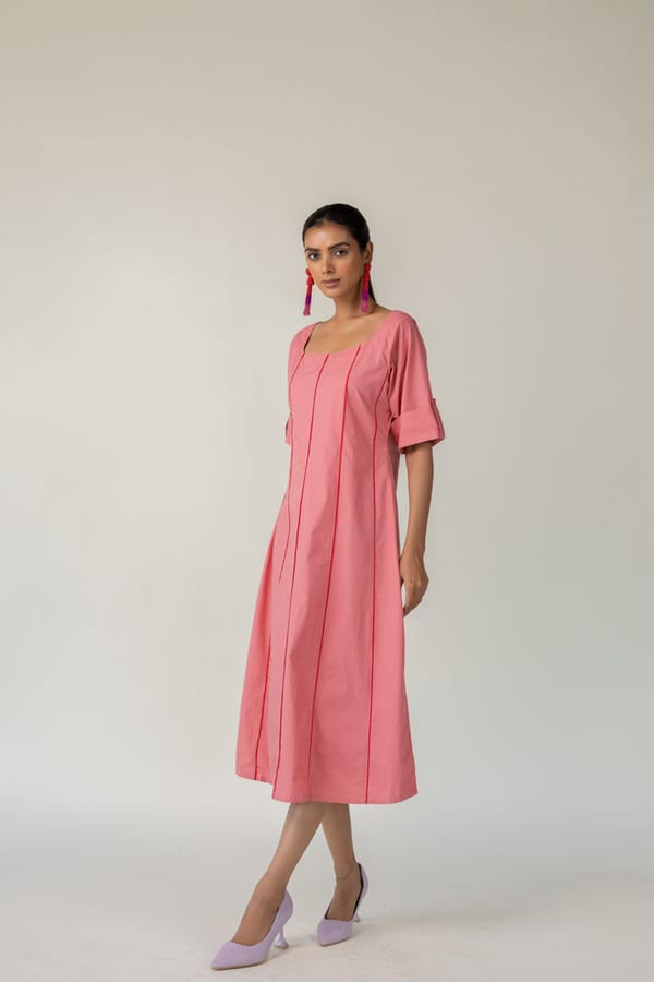 Blush Pink Poplin A-Line Midi Dress with Square Neck — Silai studio
