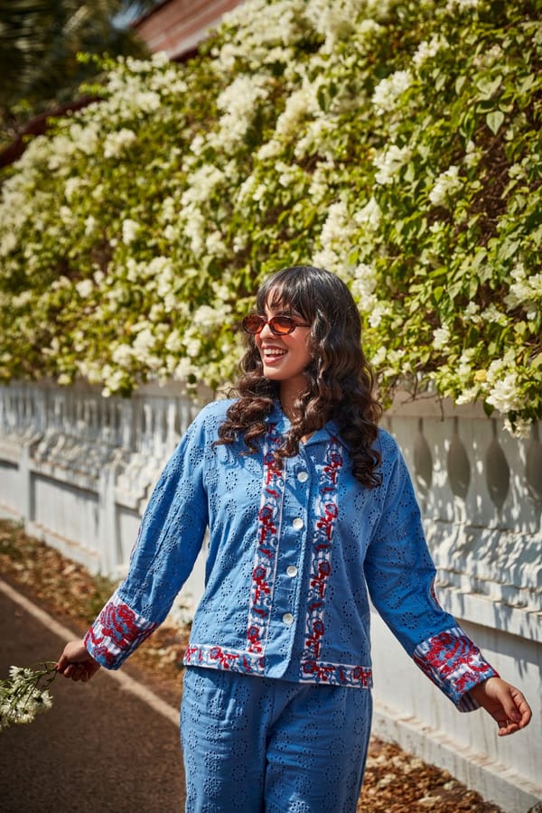 Cobalt Blue Cotton Broderie Shirt with Contrast Embroidery — BOHO-CHIC