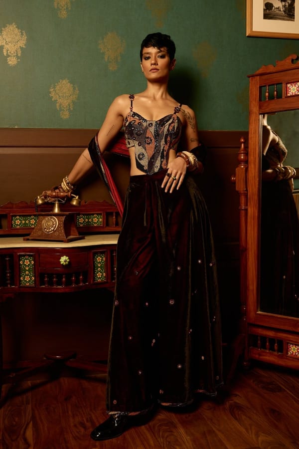 Black Micro Velvet Drape Saree with Corset Blouse — Reeti Arneja