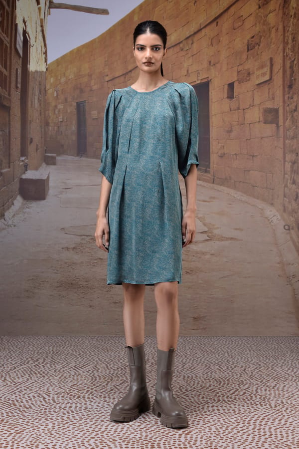 Retro Blue Viscose Satin Pleated Shift Dress — Genes Lecoanet Hemant