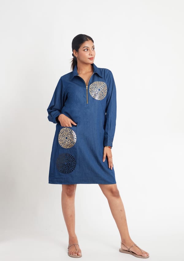 Denim One Piece Dress with Pocket and Applique — Richa Goenka