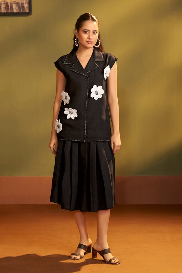 Black Linen-Blend Co-ord Set with Pleated Midi Skirt — Savaaya