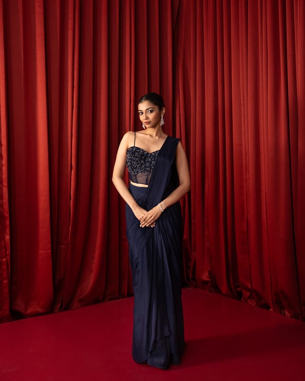 Navy Drape Saree Set with Embroidered Corset Top — QUNIC