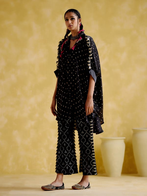 Black Bandhani Kaftan Shirt and Flared Pants Co-ord Set — 5 Elements
