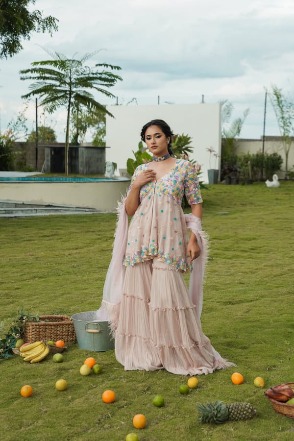 Pink Embroidered Organza Sharara Co-ord Set with Dupatta — Isha Sawhney