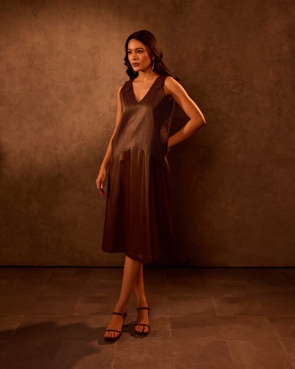 Mocha Faux Leather V-Neck Trapeze Midi Dress — Tara & I