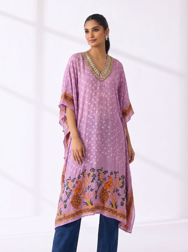 Embellished Bandhani Pink Kaftan — 5 Elements