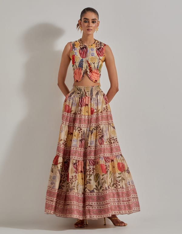 Beige Printed Waistcoat and Tiered Maxi Skirt Co-ord Set — Kavita Bhartia