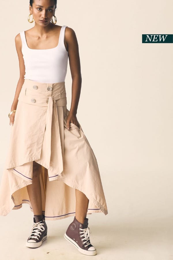 Beige Asymmetric Wrap Midi Skirt with Button Waist — Unrush