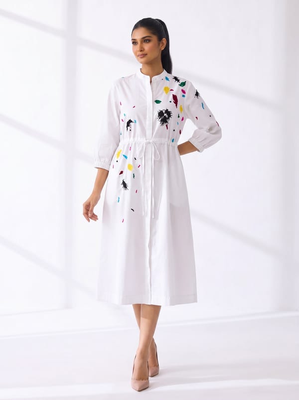 White Abstract Print Midi Shirt Dress with Waist Tie — Ang-sa