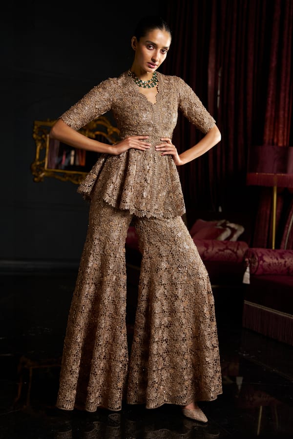 Caramel Embellished Lace Flared Trousers — Dash and Dot