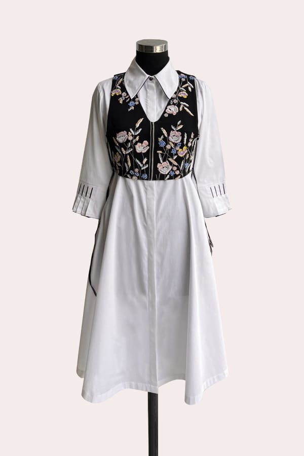 White & Black Midi Shirt Dress with Embroidered Jacket — Our Love