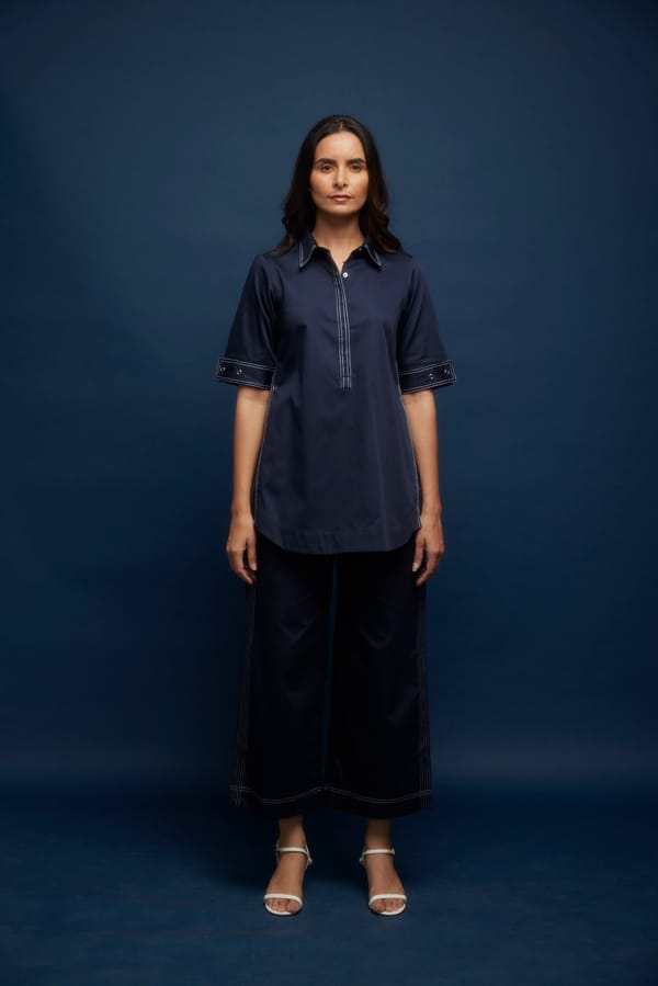 Navy Blue Cotton Satin Side-Open Co-ord Set — Escape By Aishwarya