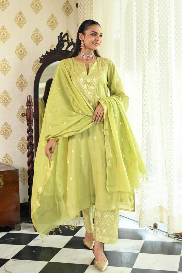 Lime Green Banarsi Mul Chanderi Suit Set-SET OF-3 — MAHEE JAIPUR