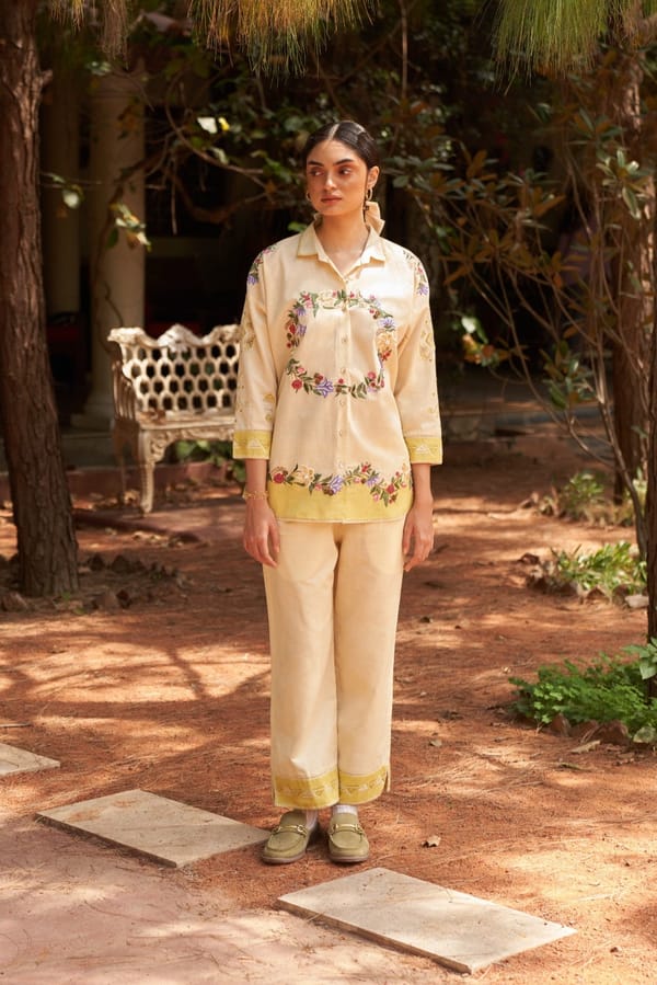 Beige Embroidered Shirt and Wide-Leg Pants Co-ord Set — NIRVAIR CLOTHING