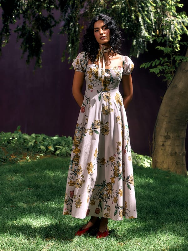 Beige Floral Fit and Flare Maxi Dress — HOUSE OF FETT