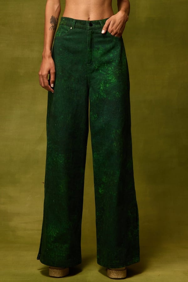 Emerald Green Printed Wide-Leg Denim Trousers — Pocketful Of Cherrie