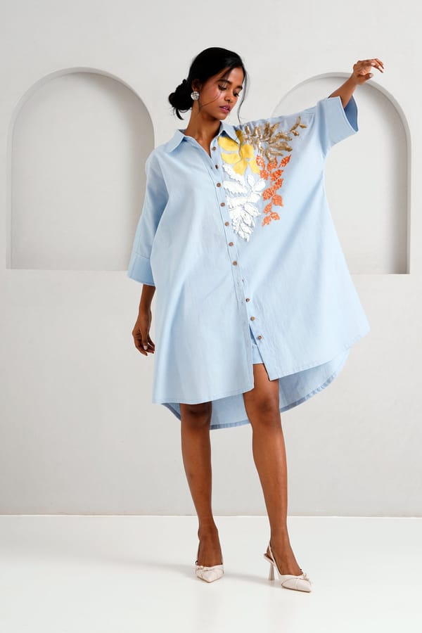 Ice Blue Oversized Handloom Cotton Shirt Dress — Madder Much