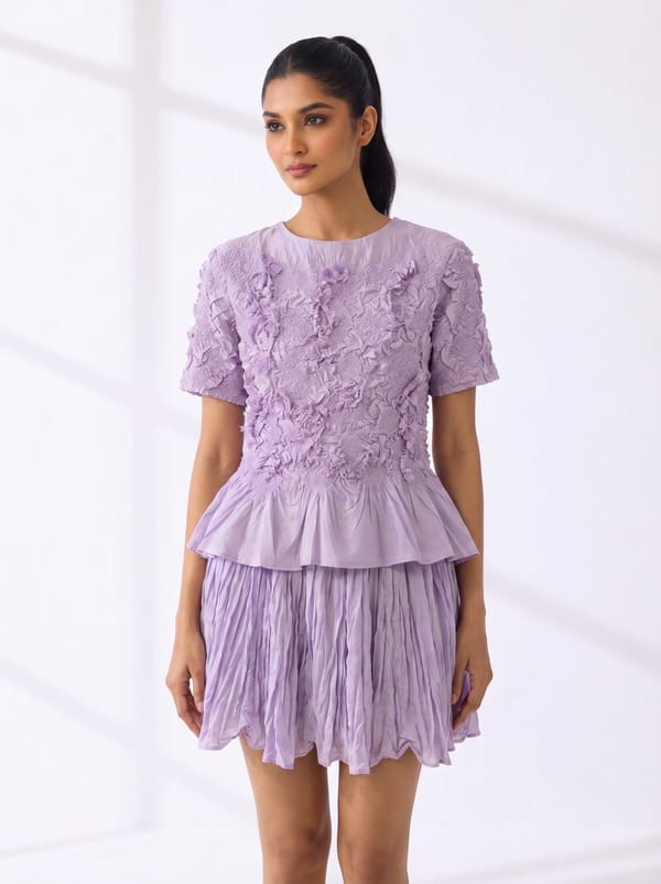 Lilac 3D Floral Peplum Top and Mini Skirt Co-ord Set — Pleats by Aruni